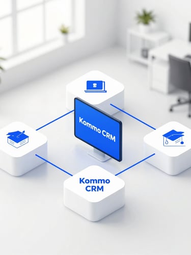 Clean isometric tech diagram showing API connections between Kommo CRM and external databases, bright studio lighting, white and electric blue tones