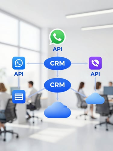 Isometric high-fidelity tech diagram showing API connections between WhatsApp, CRM pipeline, and cloud services, clean vector style, blue and purple accents