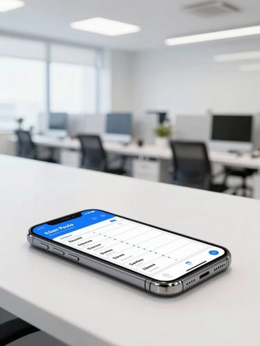 Clean modern office workspace in São Paulo, bright high-key lighting, smartphone on a desk showing a structured sales pipeline, professional 35mm