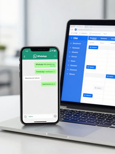 A modern smartphone displaying a clean WhatsApp chat interface next to an open laptop showing an organized CRM kanban pipeline, bright corporate office lighting, electric blue accents, professional 35mm