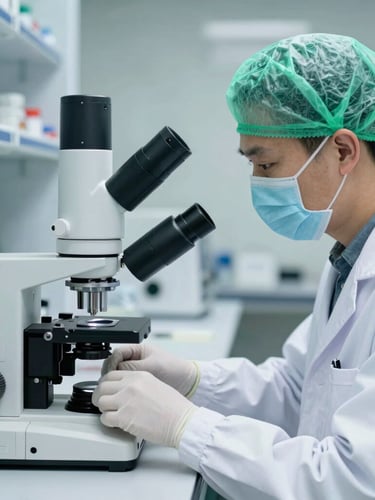 A scientist in a sterile white lab coat operating modern testing equipment, high-detail macro, clinical cool lighting, 35mm