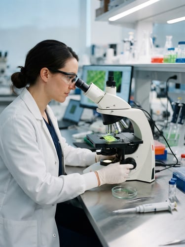 A focused scientist in a sterile white lab coat analyzing a green crop leaf under a modern microscope, cool clinical laboratory lighting, 35mm