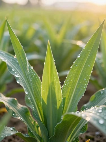 Vibrant close-up of healthy green crop leaves with glistening water droplets, sunlit agricultural field in the background, warm golden-hour lighting, macro 35mm