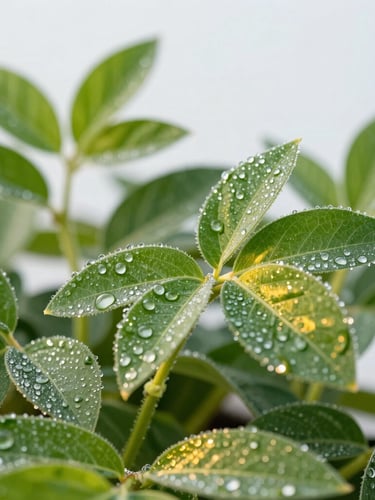 Close-up of vibrant green soybean leaves covered in crisp morning dew, glowing golden-hour sunlight filtering through, sharp focus on leaf veins, high-detail macro, 35mm.