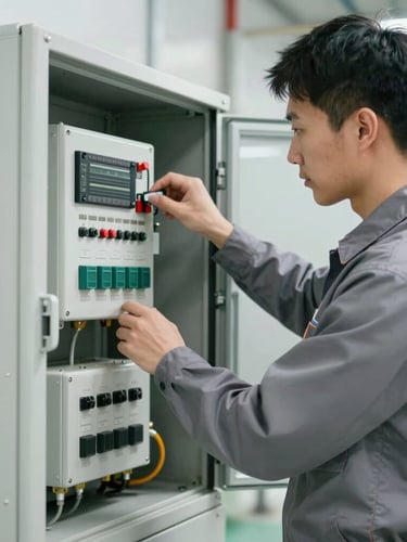 Medium shot of a professional technician in a clean gray uniform adjusting a complex HVAC control panel, bright crisp lighting, clean industrial setting.