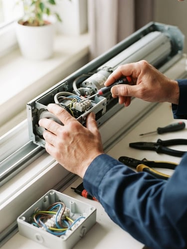 Gros plan sur les mains d'un artisan expert, outils propres, réparant un mécanisme de volet roulant électrique, lumière du jour claire, détails nets, ambiance rassurante.