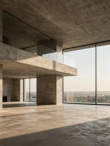 Immersive eye-level architectural capture of a luxury concrete penthouse interior, warm golden hour sunlight casting long geometric shadows, high-fidelity visualization, ultra-detailed textures, negative space on the right.