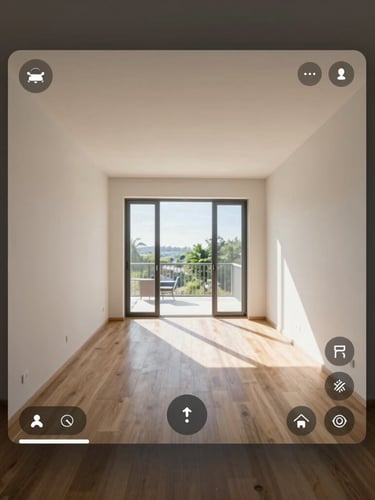 First-person perspective of a high-fidelity virtual tour interface, showing clean modern apartment interior with interactive UI overlay elements, sharp digital glow, realistic daylight