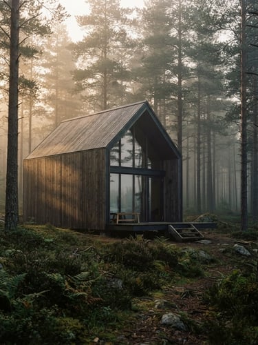 A minimalist architectural wooden cabin standing isolated in a misty pine forest, soft morning light, dramatic shadows, cinematic 35mm photography