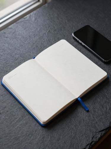 A clean flat-lay of modern developer tools, a sleek notebook, and a smartphone on a dark slate surface, sharp focus, cool studio lighting.
