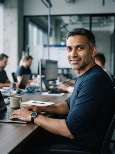 A professional, natural portrait of Brian Gopaul in a modern workspace, cool natural window light, desaturated slate tones, sharp focus, 35mm.