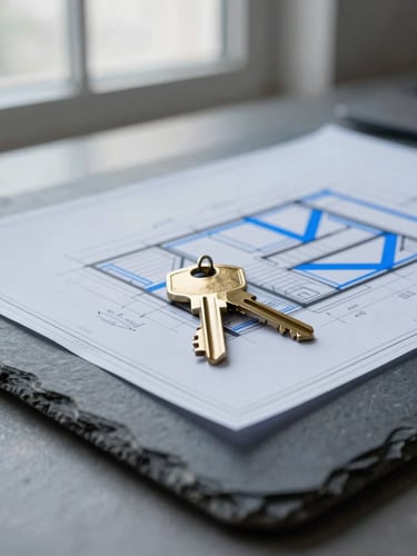Close-up detail of modern architectural blueprints and brass keys resting on a slate gray desk, cool window light, clean tech photography style.