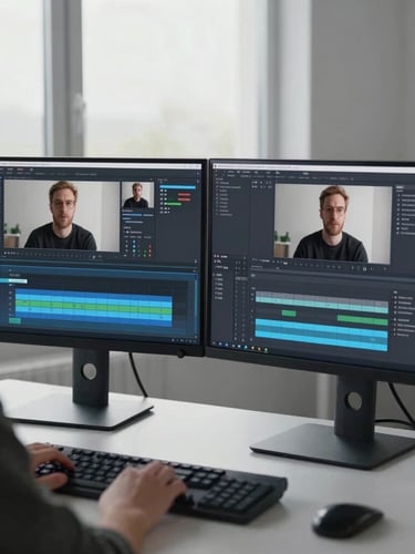 A clean over-the-shoulder shot of a dual-monitor setup showing video editing software and community management dashboards, electric blue accents.