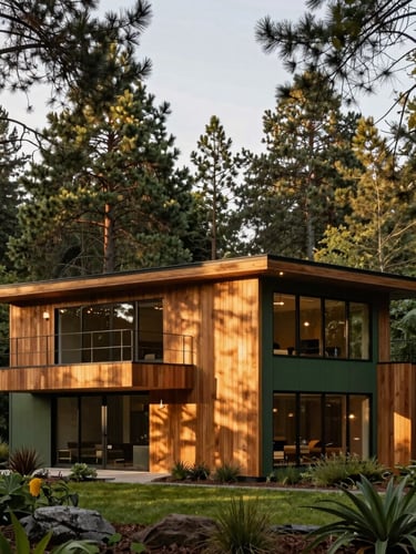 Architectural exterior of a modern custom home framed by tall pine trees, soft golden hour light, rich natural wood siding and deep green accents, 35mm warm editorial architectural photography