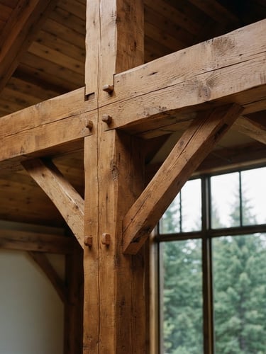 Close-up of clean Inland Northwest timber framing, heavy beams meeting with precision joinery, soft overcast Idaho daylight, warm wood tones, 35mm warm editorial architectural photography