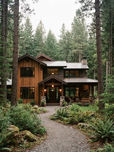 Warm editorial architectural photography of a finished custom home exterior framed by tall pine trees in Post Falls, soft overcast Pacific Northwest daylight, rich forest greens and natural wood tones, 35mm