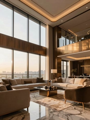 Wide angle architectural shot of a modern luxury living room in a high-rise tower, golden-hour sunlight pouring through floor-to-ceiling windows, rich bronze accents, marble floors, minimalist furniture.