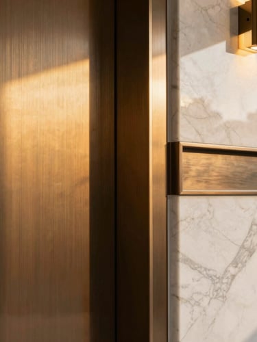 Close-up of premium architectural materials, brushed bronze panels and white marble facade reflecting warm golden hour sunlight, architectural detail, 35mm lens
