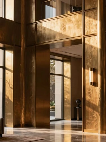 Elegant interior of a luxury residential lobby with rich bronze accents, warm golden-hour light streaming through high windows, minimal furniture, portrait crop