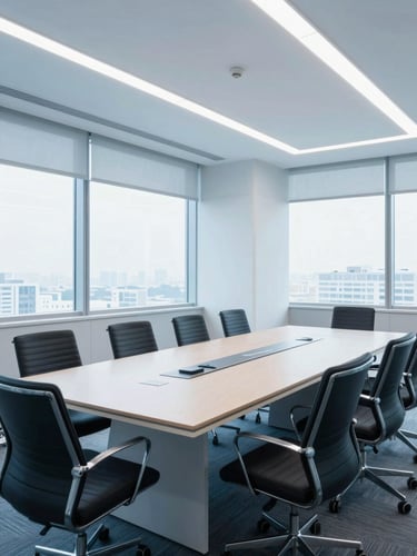 Medium wide environmental shot of a bright modern corporate boardroom in Mumbai, cool blue tones, sharp focus, 35mm