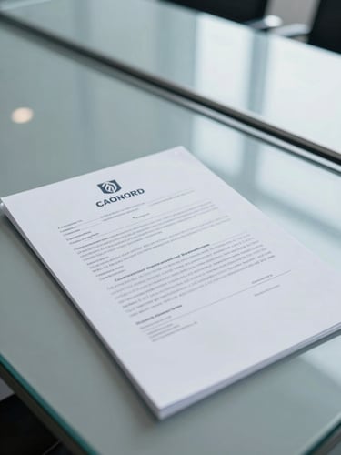 Close-up of signed corporate contracts and financial documents on a modern glass boardroom table, cool daylight, sharp focus