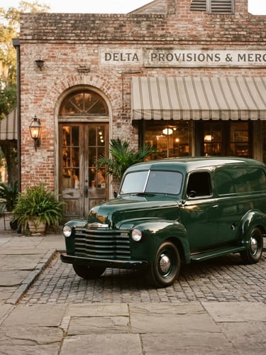 A clean forest-green delivery truck parked outside a brick Louisiana storefront at golden hour, warm lighting, medium environmental shot.