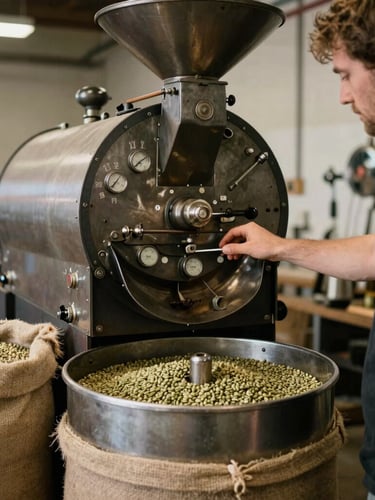 Warm industrial roastery in Zwolle Louisiana, master roaster adjusting dials on a vintage steel coffee roaster, green coffee beans in burlap sacks, shallow depth of field