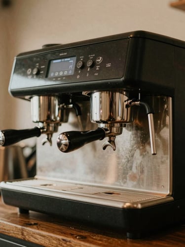 A close-up of a modern commercial multi-burner coffee brewer installed in a clean, industrial-style breakroom, warm lighting.