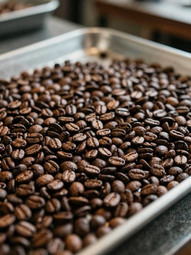 Freshly roasted coffee beans cooling in a large metal tray, warm workshop light, shallow depth of field.