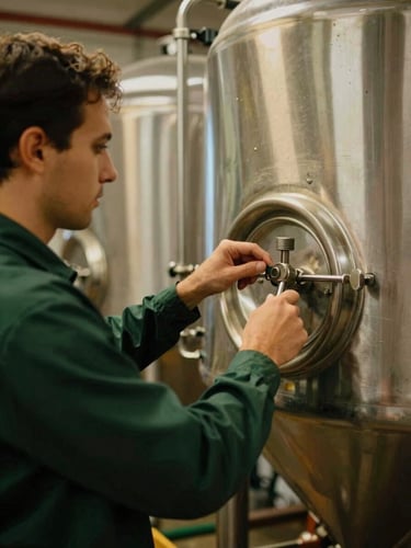 A technician in a dark green uniform servicing a commercial brewer, warm workshop light, close-up on hands with tools.