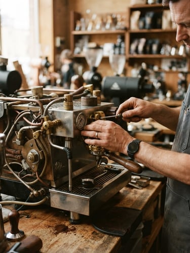 A technician's hands calibrating a commercial espresso machine in a warm, industrial workshop setting, rich earthy tones, shallow depth of field