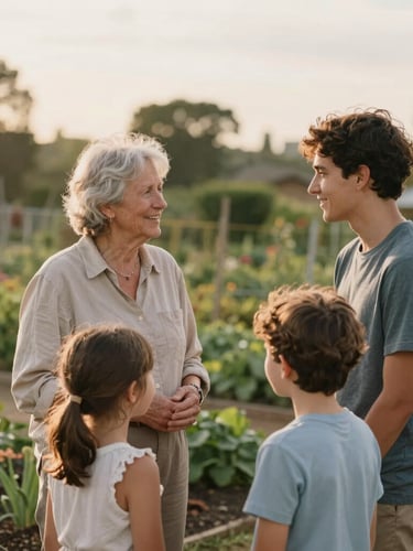 A medium shot of an older church member and a young family chatting warmly outside near a community garden, soft golden hour lighting, natural smiles, 35mm