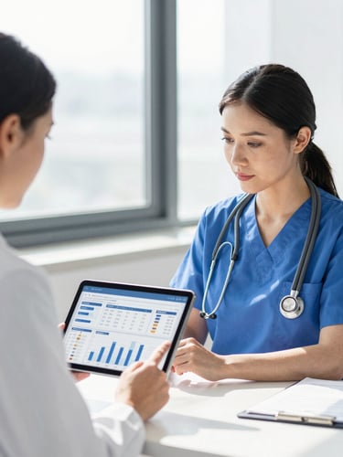 Bright corporate photography of a focused medical practice manager reviewing a clean financial dashboard on a tablet in a modern sunlit clinic, 50mm lens, crisp white and deep blue tones.