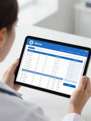 Medium close-up over the shoulder of a focused medical practice manager reviewing a clean financial dashboard on a tablet, bright natural daylight, crisp white and deep blue tones, professional medical office setting, 50mm lens.