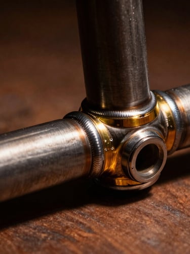 Macro shot of raw Columbus steel tubes and clean brass welds on a bicycle frame, dramatic studio lighting, 35mm