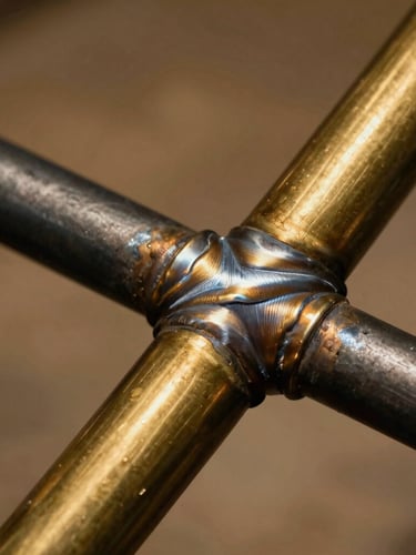 Extreme close-up of a brass fillet weld on a steel bicycle frame, golden brass flowing smoothly between dark steel tubes, warm editorial lighting, shallow depth of field