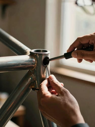 Hands of a trans artisan using a hand file on a steel bicycle frame tube, fine metal dust catching a sharp beam of natural window light, warm editorial photography, shallow depth of field.
