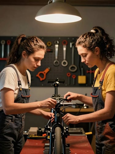Portrait of two trans and women frame builders working together over a bicycle alignment stand, warm overhead lighting, organized tools on a dark pegboard behind them.