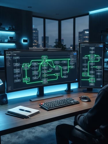 Wide shot of a clean, high-tech workspace, dual monitors displaying a complex GoHighLevel automation workflow with neon green active pipeline indicators, cool-toned ambient office light with blue LED highlights, sharp focus, 50mm.