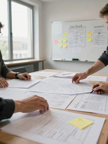 Wide environmental shot of a planning room, hands reaching across a large table covered in printed documents and sticky notes, a whiteboard visible in the background with clustered annotations, natural north-facing daylight from tall windows, no faces fully visible, the texture of real work mid-session