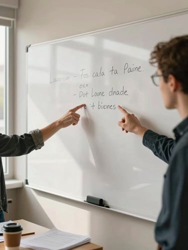 Close environmental shot of two sets of hands pointing at marker notes on a whiteboard in a warm-lit planning room, natural north-facing daylight, papers and coffee cups visible on the table edge, wide enough to show the working context