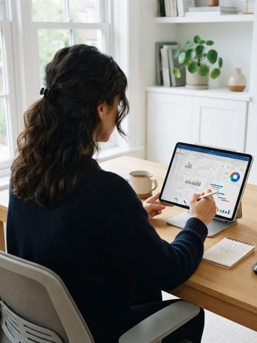 Over-the-shoulder view of a working professional studying from a tablet in a bright home office, digital dashboard visible, clean daylight, 35mm lens