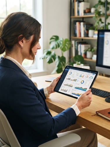 Over-the-shoulder shot of a working professional studying an interactive business dashboard on a tablet in a bright modern home office, daylight streaming in, sharp 35mm focus.