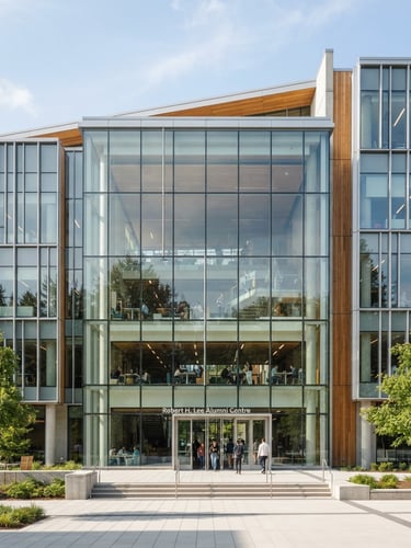 Bright editorial photography of a modern university building facade with a clean glass atrium, soft natural daylight, sharp focus, 35mm lens