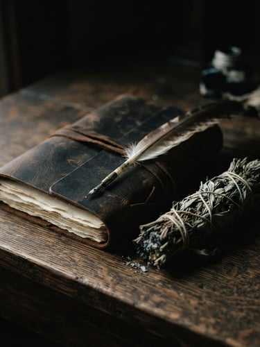 Close-up of a dark wooden desk with a leather-bound journal, a quill, and dried sage, illuminated by soft, low-key side lighting, deep shadows, desaturated sage and charcoal tones, 35mm film.