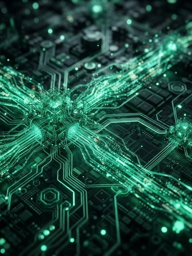 Abstract representation of data flowing seamlessly between complex, glowing green network nodes, low-key ambient light, high contrast, macro depth of field.