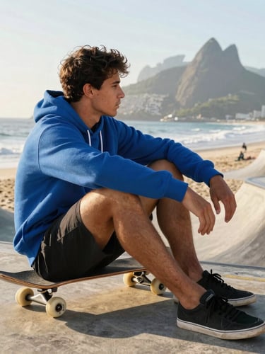 Young athletic man sitting on a skateboard by the Brazilian coast at sunrise, wearing a blue streetwear hoodie, dynamic outdoor daylight, 35mm lens.