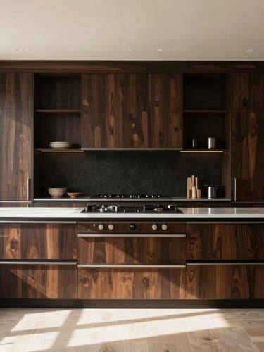 Straight-on architectural photography of a bespoke luxury kitchen, warm natural window light, rich dark tones, high-end interior design, 35mm