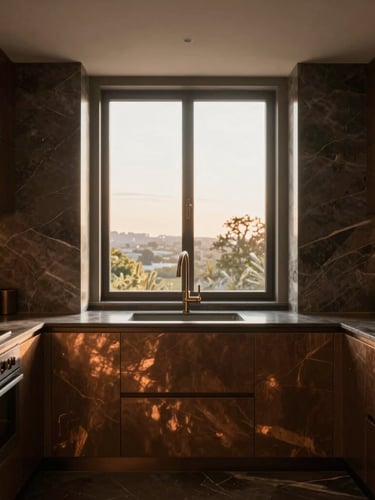 Straight-on architectural photography of a minimalist luxury kitchen with warm bronze accents, marble veining, and soft golden-hour window light, 35mm.