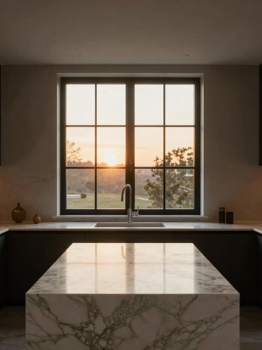 Straight-on architectural photography of a minimalist luxury kitchen, warm golden-hour window light reflecting off white marble island, 35mm